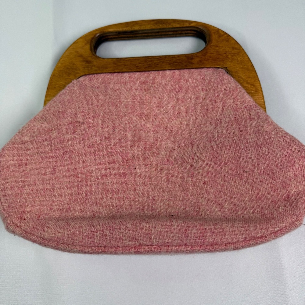 Vintage John Meyer of Norwich Pink Wool Tweed Clutch Bag Wood Handle 60s Preppy